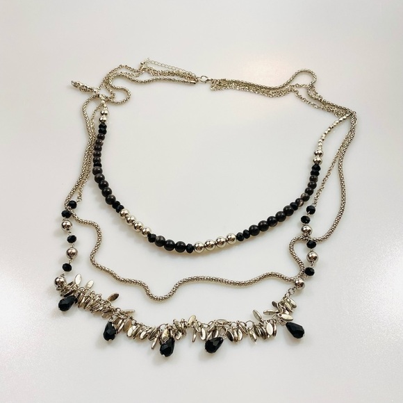 Fashion Necklace Long Three Strands Black Acrylic And Silver Tone Beads 36”+ 3” - Picture 1 of 14